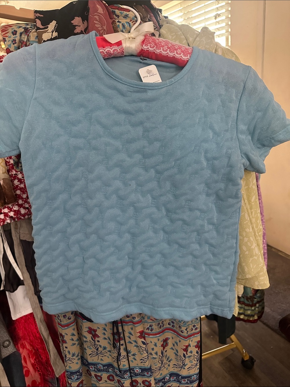 Fendi Vintage Light Blue Short Sleeve Textured Crewneck Top
